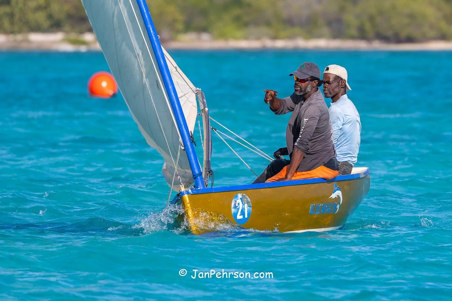April 2025, George Town, Bahamas, National Family Island Regatta, E-Class, Blue Marlin, from New Providence