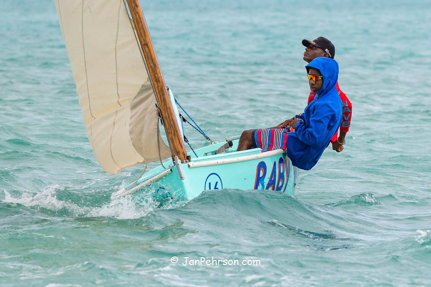 April 2025, George Town, Bahamas, National Family Island Regatta, E-Class, Baby Wave, from BNSS