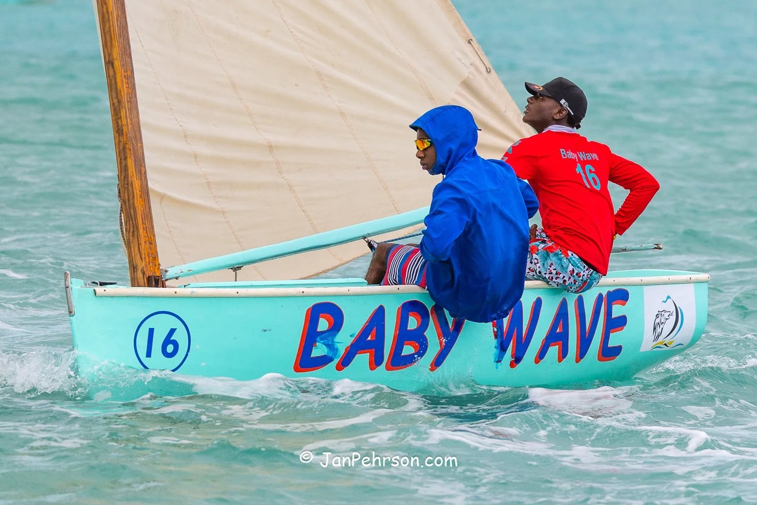 April 2025, George Town, Bahamas, National Family Island Regatta, E-Class, Baby Wave, from BNSS