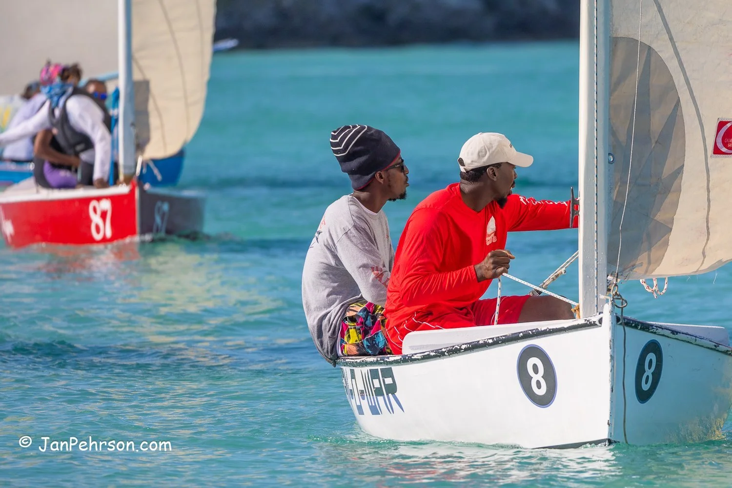 April 2025, George Town, Bahamas, National Family Island Regatta, E-Class, Man o War, from Exuma