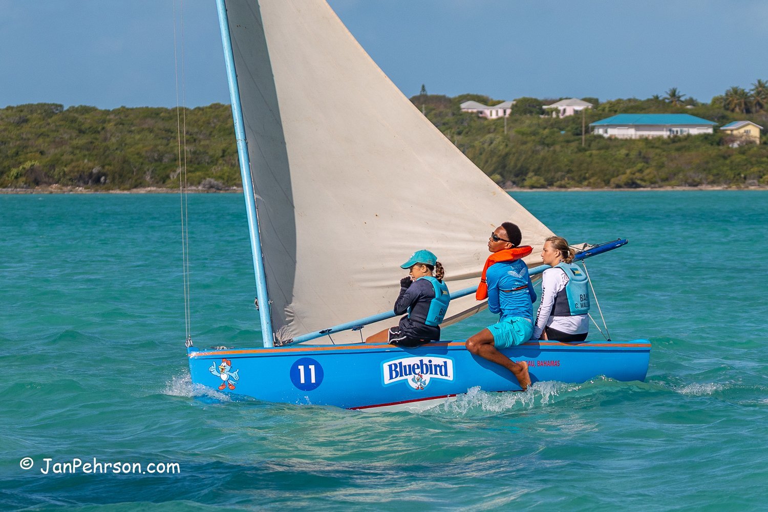 April 2025, George Town, Bahamas, National Family Island Regatta, E-Class, Bluebird, from New Providence