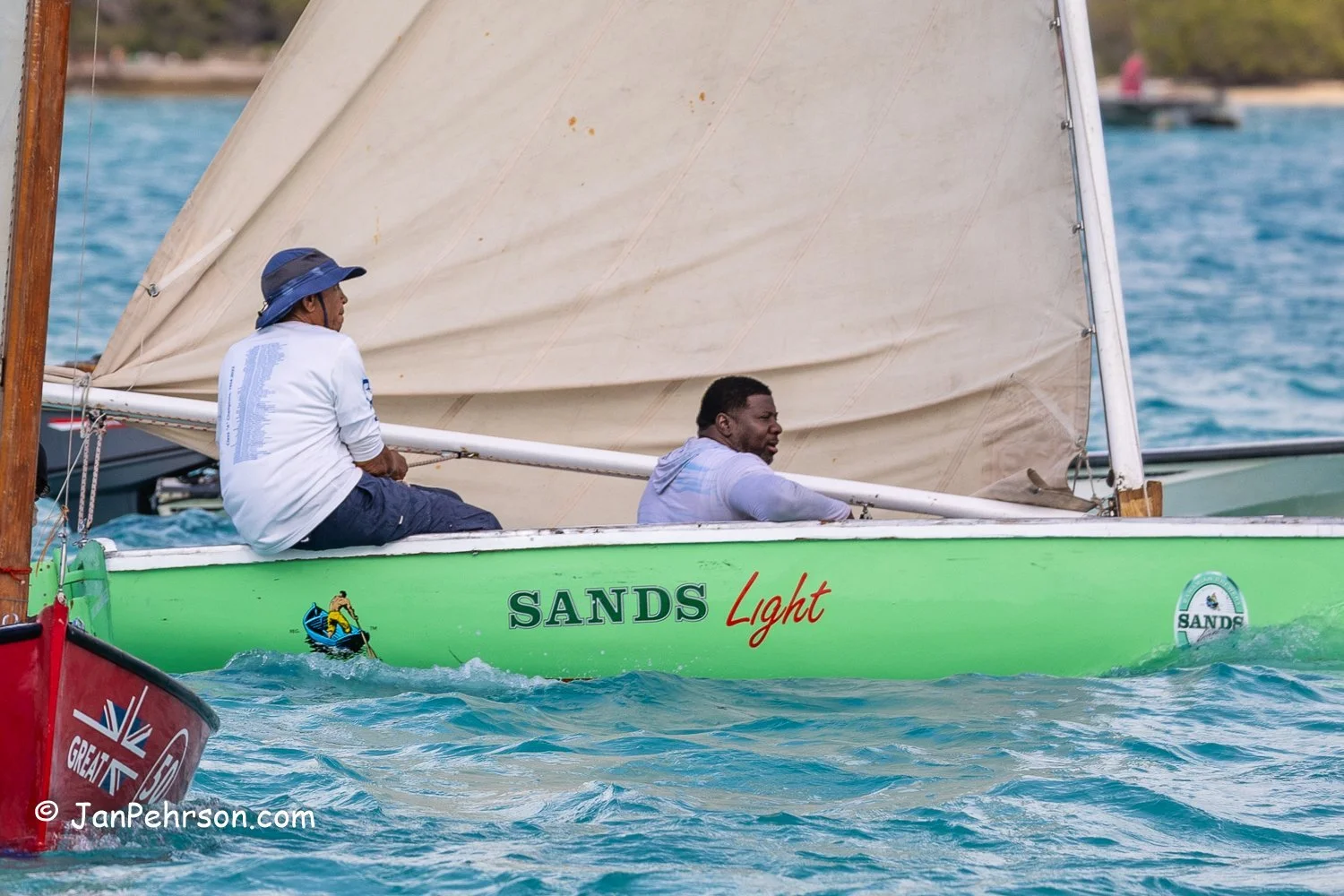 April 2025, George Town, Bahamas, National Family Island Regatta, E-Class, Sands Light, from New Providence