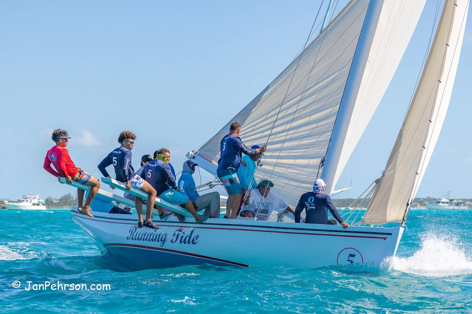April 2024, George Town, Bahamas, National Family Island Regatta, A-Class, 2nd Place, Running Tide, from Long Island