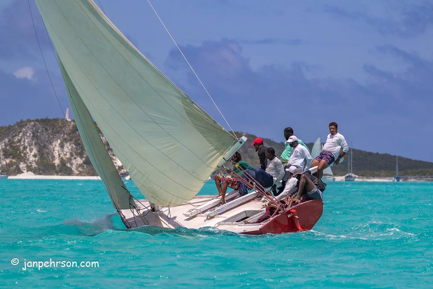 April 2024, George Town, Bahamas, National Family Island Regatta, B-Class, Lady Sonia, Skipper Buzzy Rolle, from Exuma