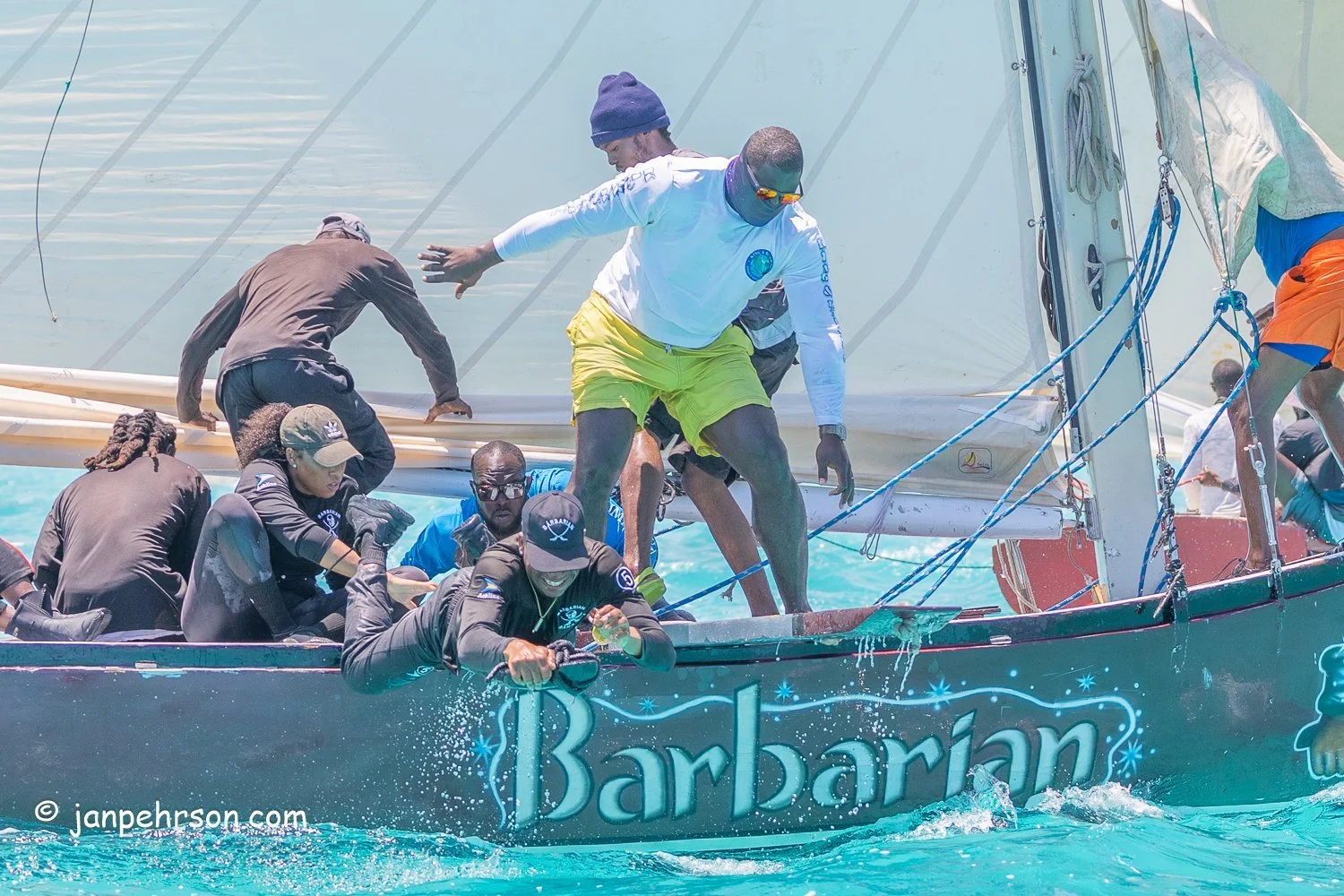 April 2024, George Town, Bahamas, National Family Island Regatta, B-Class, Barbarian I, Skipper Delworth Gibson, from Acklins