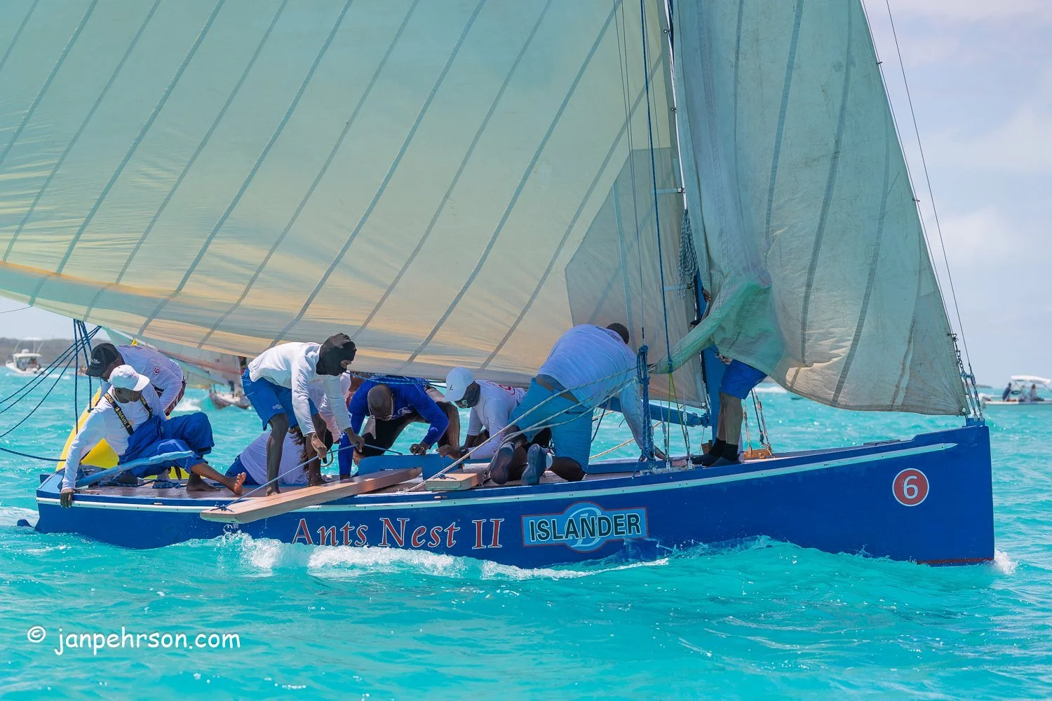 April 2024, George Town, Bahamas, National Family Island Regatta, B-Class, Ants Nest II, Skipper Lee Armbrister, from Ragged Island