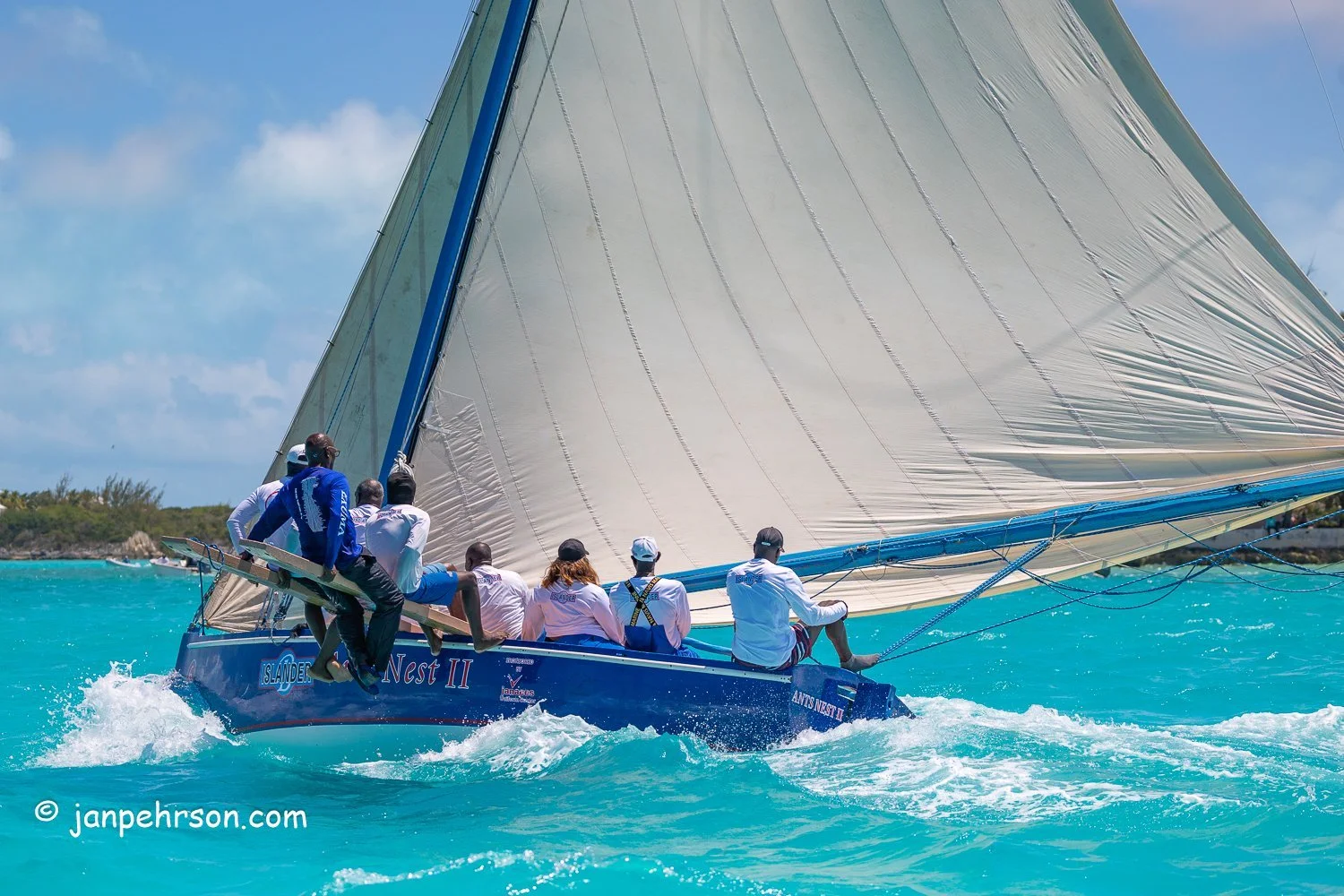 April 2024, George Town, Bahamas, National Family Island Regatta, B-Class, Ants Next II, Skipper Lee Armbrister, from Ragged Island