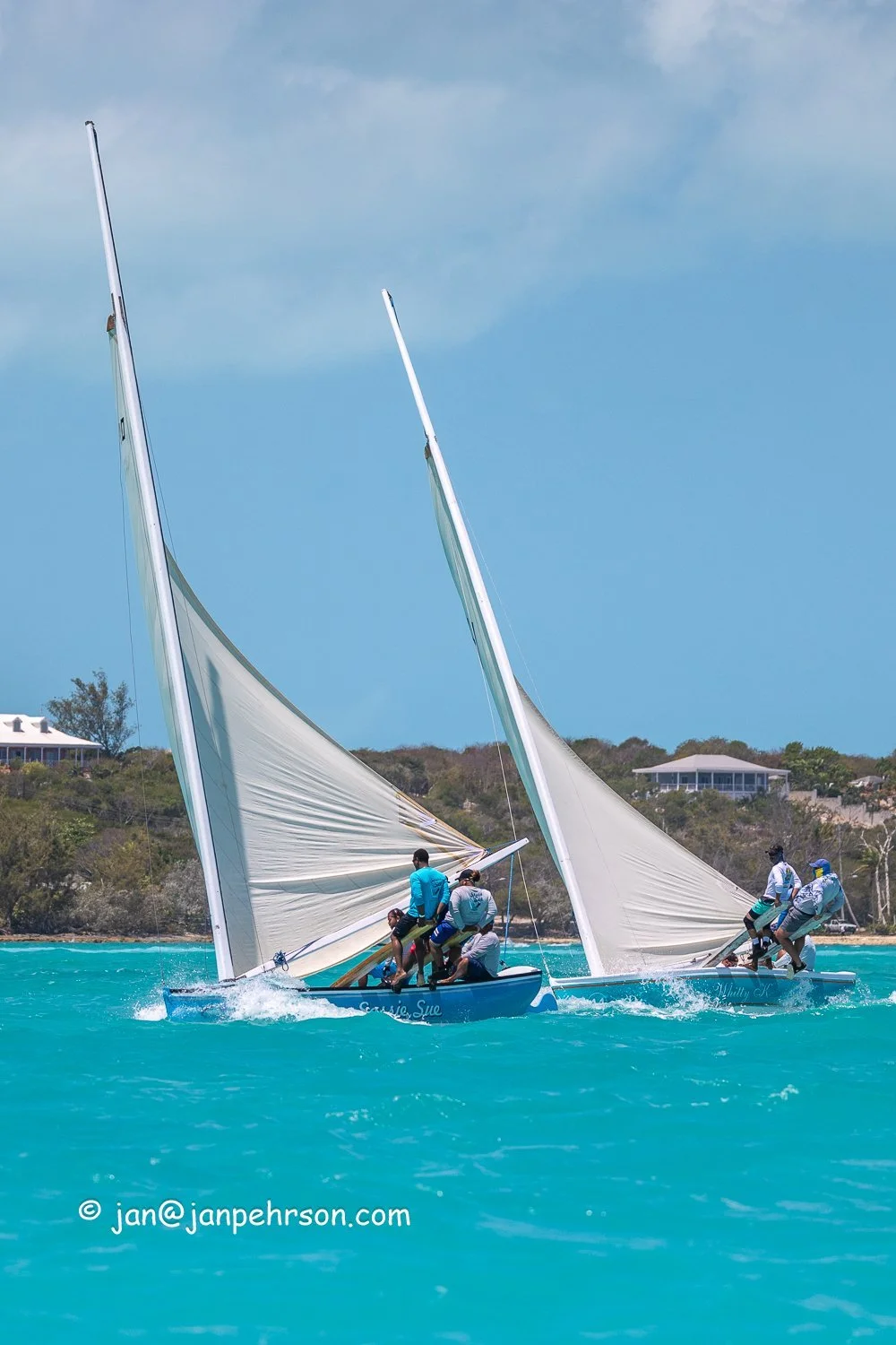 April 2024, George Town, Bahamas, National Family Island Regatta, C-Class, Sassie Sue and Whitty K, from Long Island