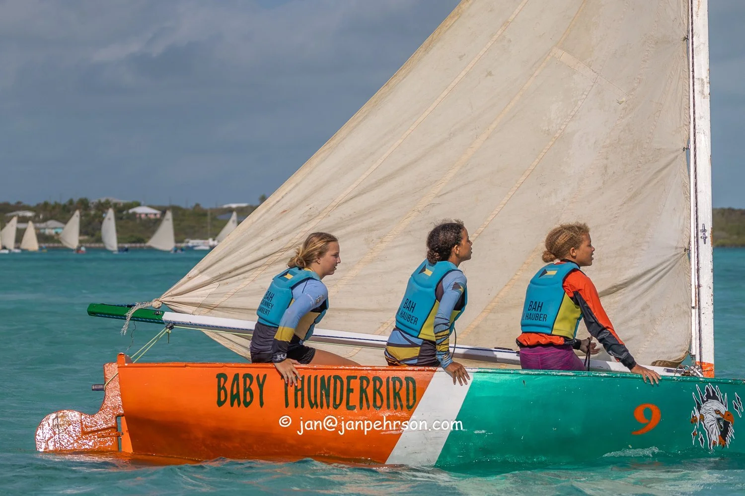April 2024, George Town, Bahamas, National Family Island Regatta, E-Class, Baby Thunderbird, Skipper Taryn McKinney-Lambert, from Eleuthera