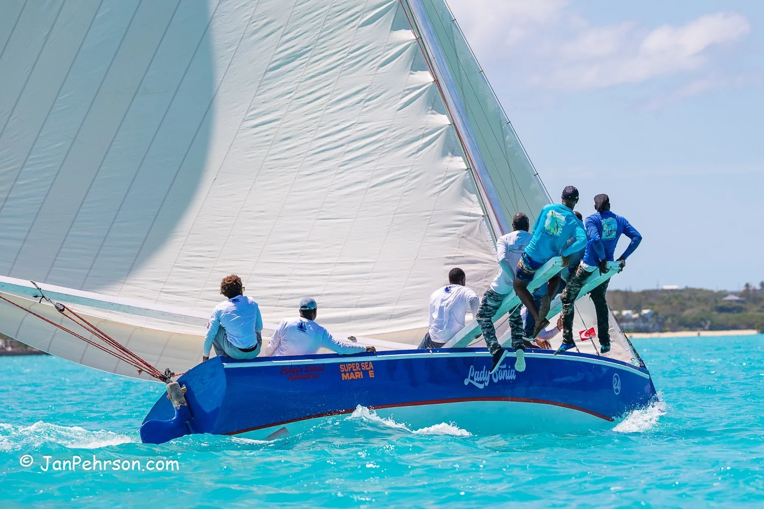 April 2023, George Town, Bahamas, National Family Island Regatta, B-Class, 5th Place, Lady Sonia, from Cottage, Exuma