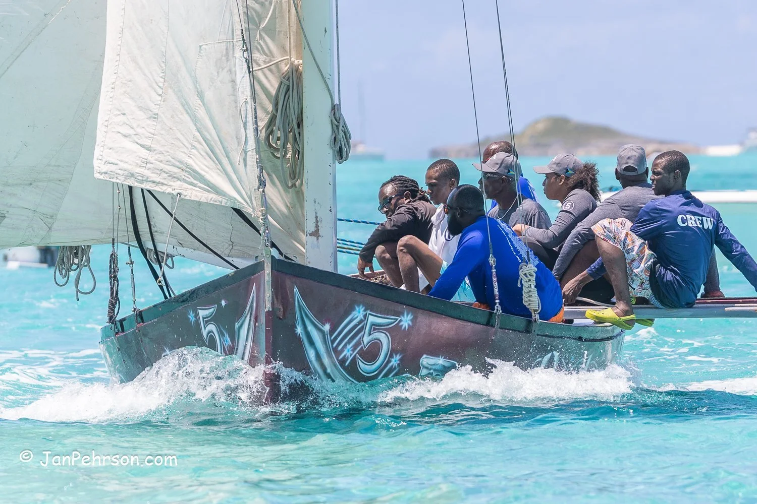 April 2023, George Town, Bahamas, National Family Island Regatta, B-Class, Barbarian, from Masons Bay, Acklins