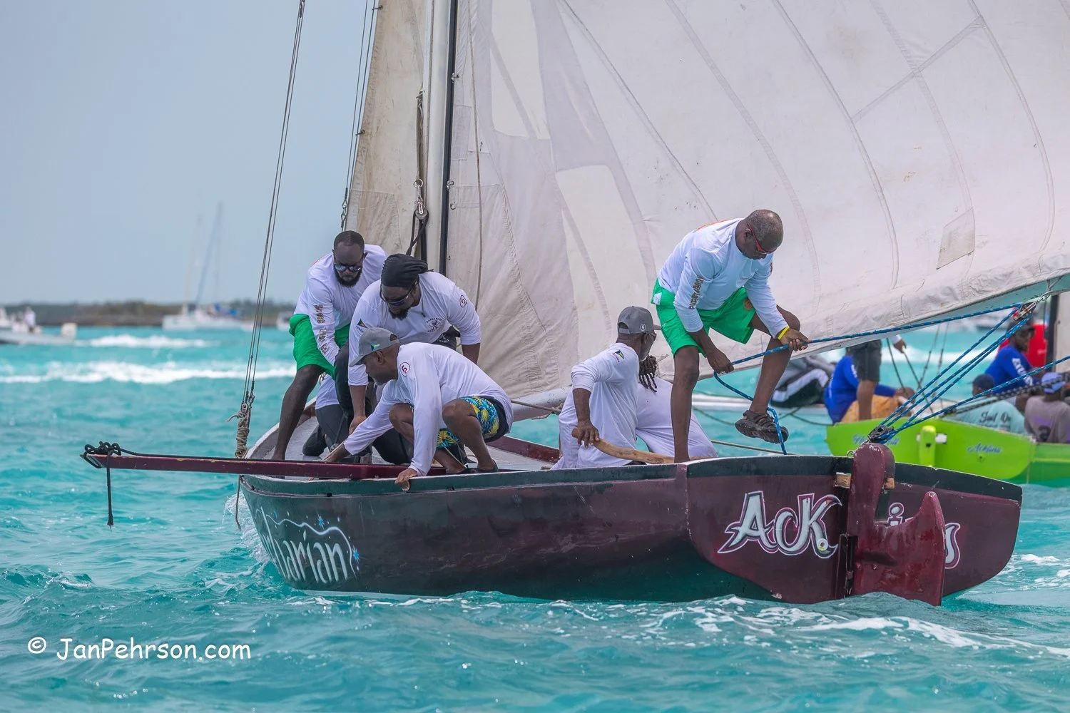 April 2023, George Town, Bahamas, National Family Island Regatta, B-Class, Barbarian, from Masons Bay, Acklins