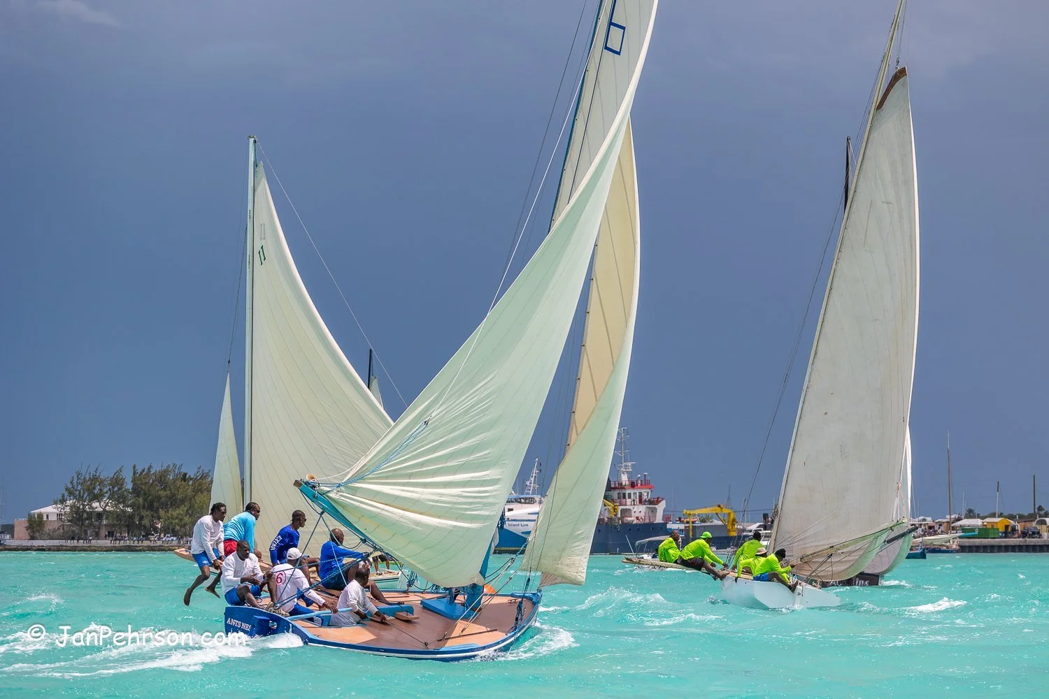 April 2023, George Town, Bahamas, National Family Island Regatta, B-Class, Ants Nest, from Ragged Island