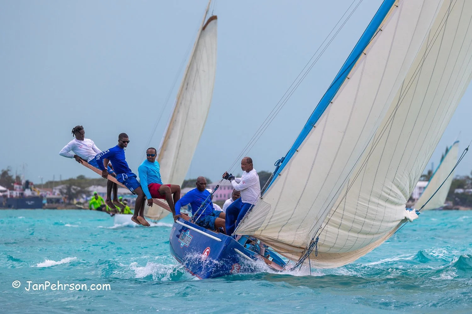 April 2023, George Town, Bahamas, National Family Island Regatta, B-Class, Ants Nest, from Ragged Island