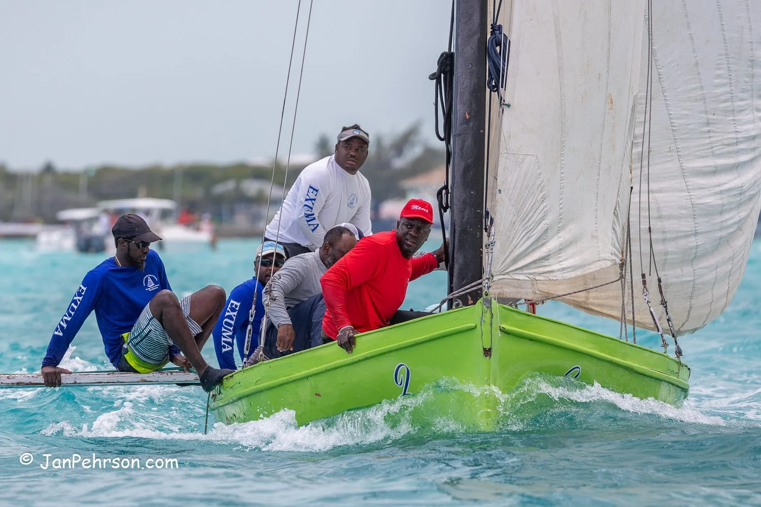 April 2023, George Town, Bahamas, National Family Island Regatta, B-Class, Whiplash, from Hard Hill, Acklins
