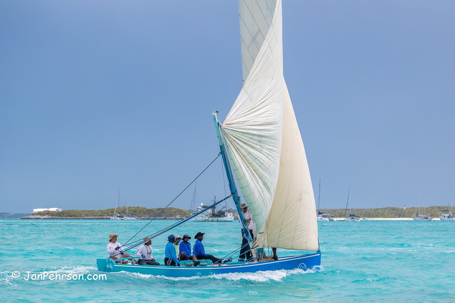 April 2023, George Town, Bahamas, National Family Island Regatta, B-Class, Eudeva, from Land Rail Point, Crooked Island