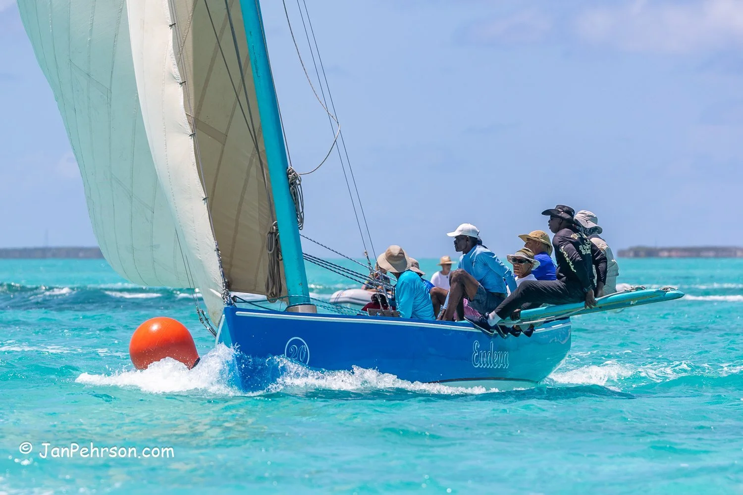 April 2023, George Town, Bahamas, National Family Island Regatta, B-Class, Eudeva, from Land Rail Point, Crooked Island