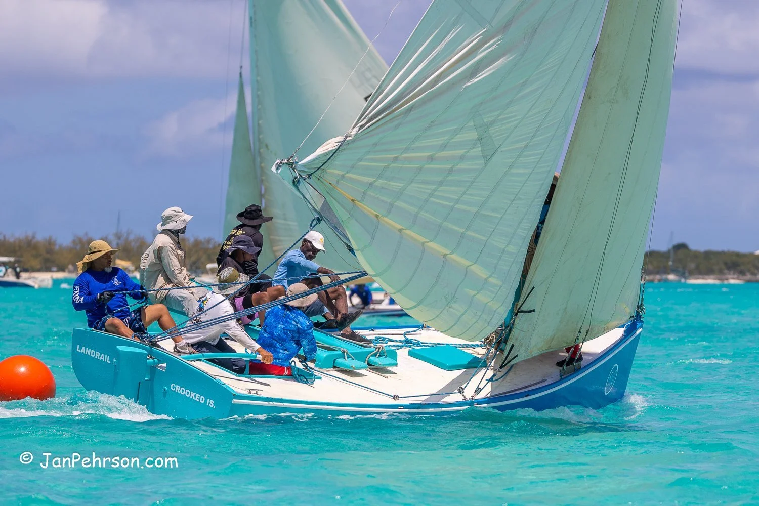 April 2023, George Town, Bahamas, National Family Island Regatta, B-Class, Eudeva, from Land Rail Point, Crooked Island