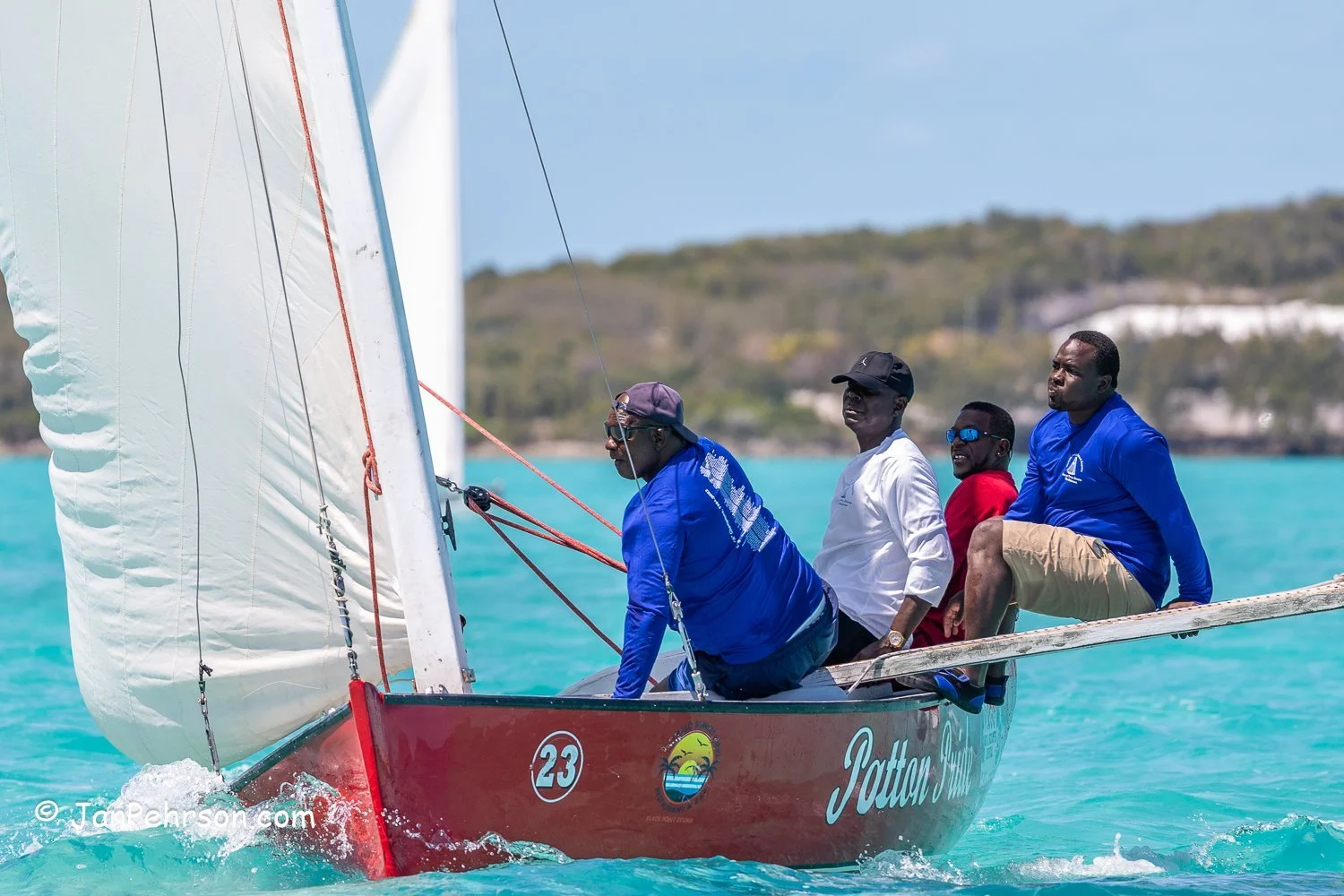 April 2023, George Town, Bahamas, National Family Island Regatta, C-Class, Patton Pride, from Black Point, Exuma
