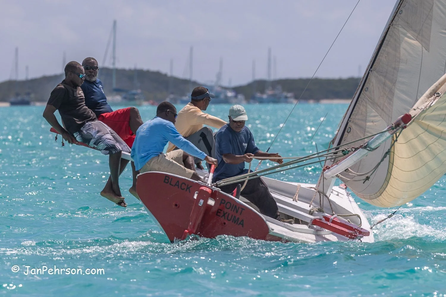 April 2023, George Town, Bahamas, National Family Island Regatta, C-Class, Legal Weapon, from Nassau
