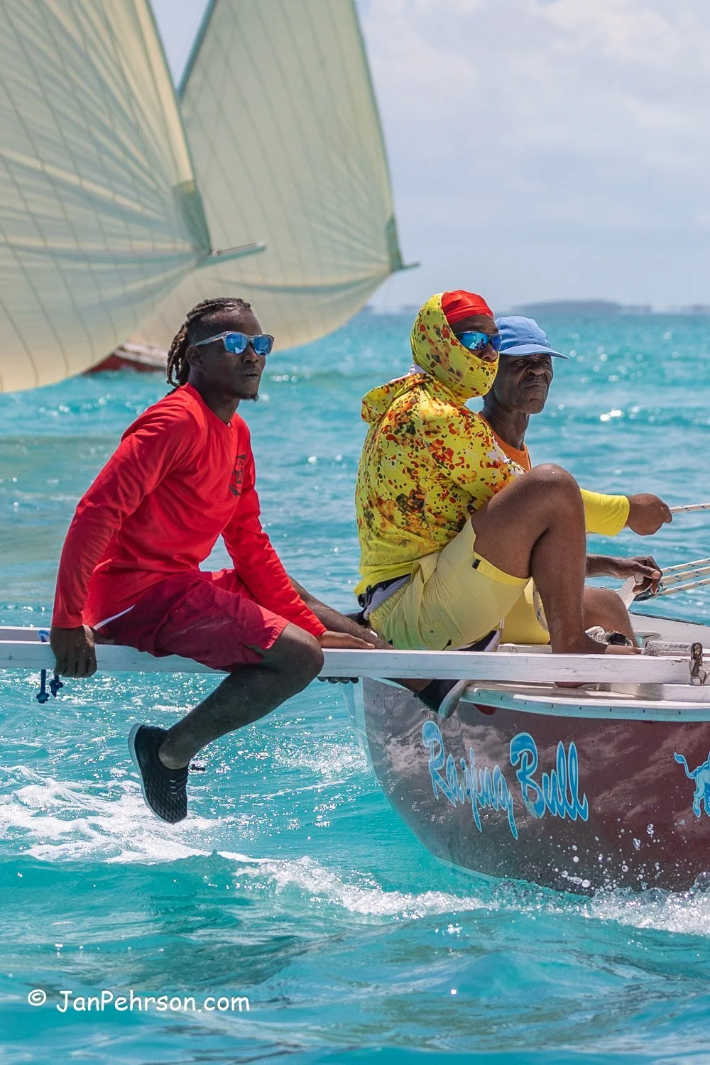 April 2023, George Town, Bahamas, National Family Island Regatta, C-Class, Raging Bull, from Black Point, Exuma