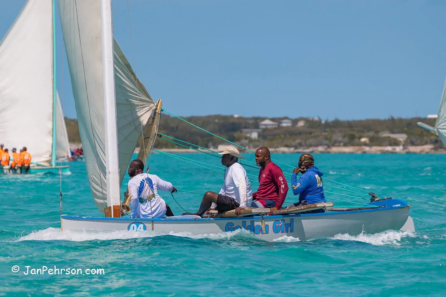 April 2023, George Town, Bahamas, National Family Island Regatta, C-Class, Golden Girl, from Buck Town, Exuma