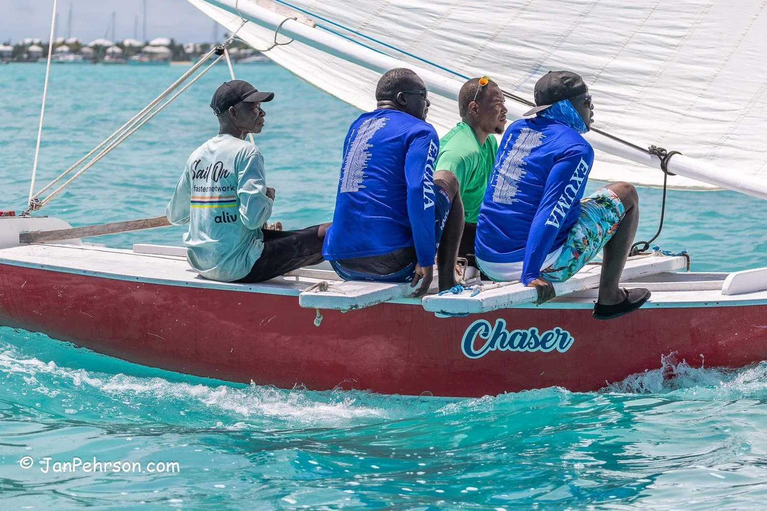 April 2023, George Town, Bahamas, National Family Island Regatta, C-Class, Chaser, from Black Point, Exuma