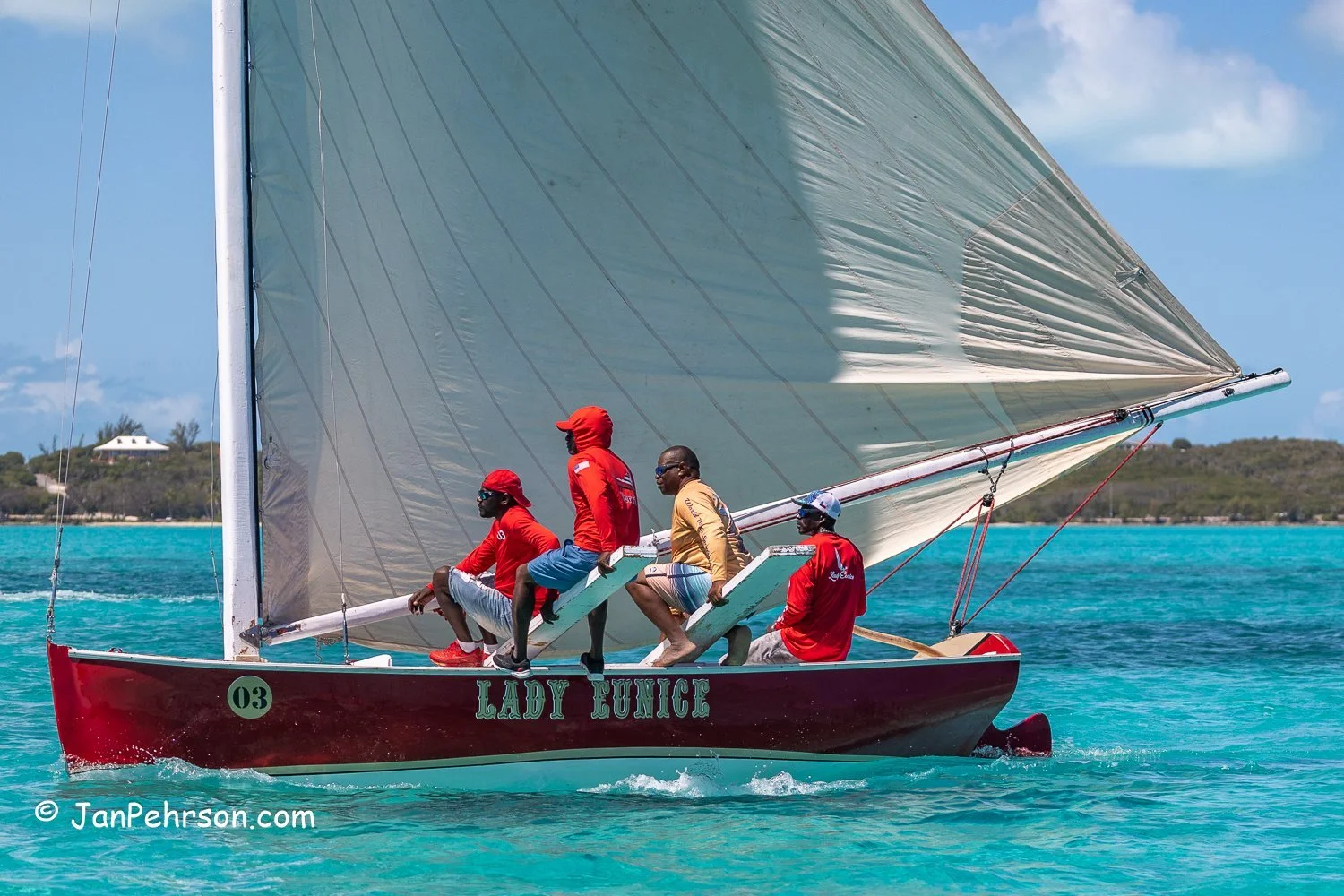 April 2023, George Town, Bahamas, National Family Island Regatta, C-Class, Lady Eunice, from Black Point, Exuma