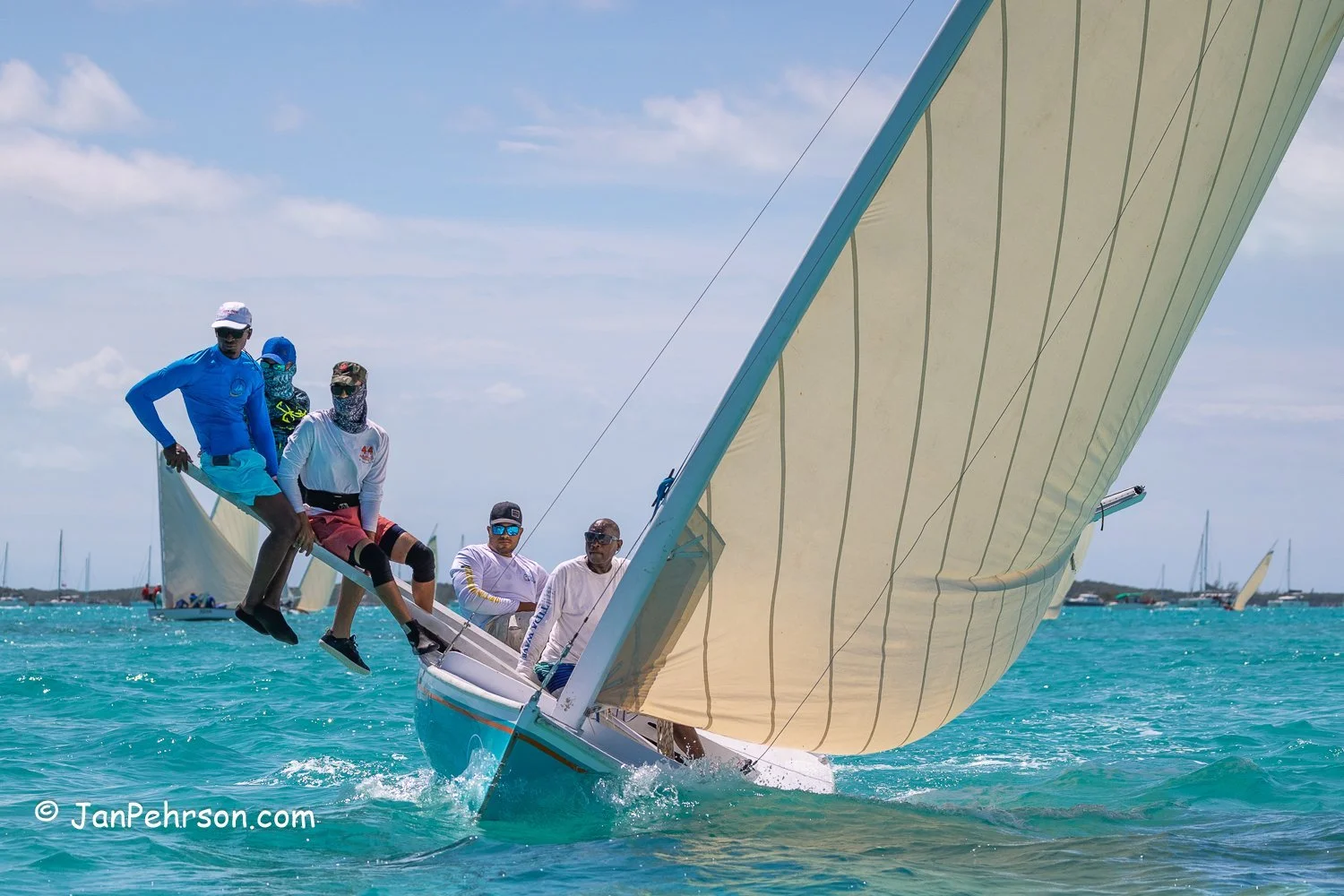 April 2023, George Town, Bahamas, National Family Island Regatta, C-Class, Whitty K, from Long Island
