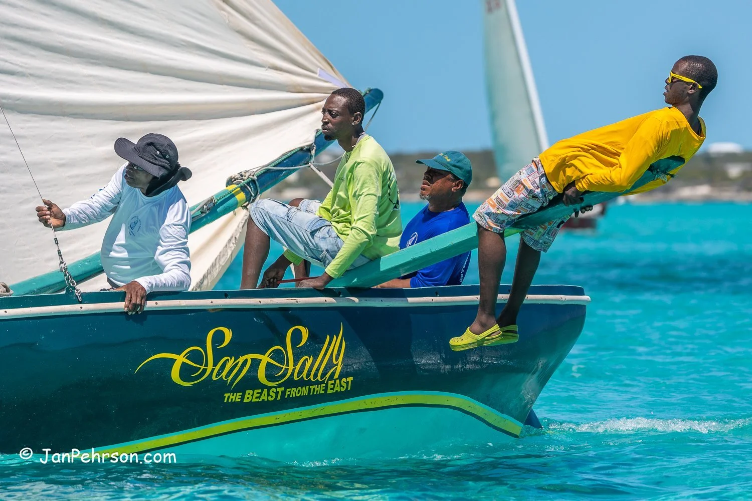 April 2023, George Town, Bahamas, National Family Island Regatta, C-Class, San Sally, from San Salvador