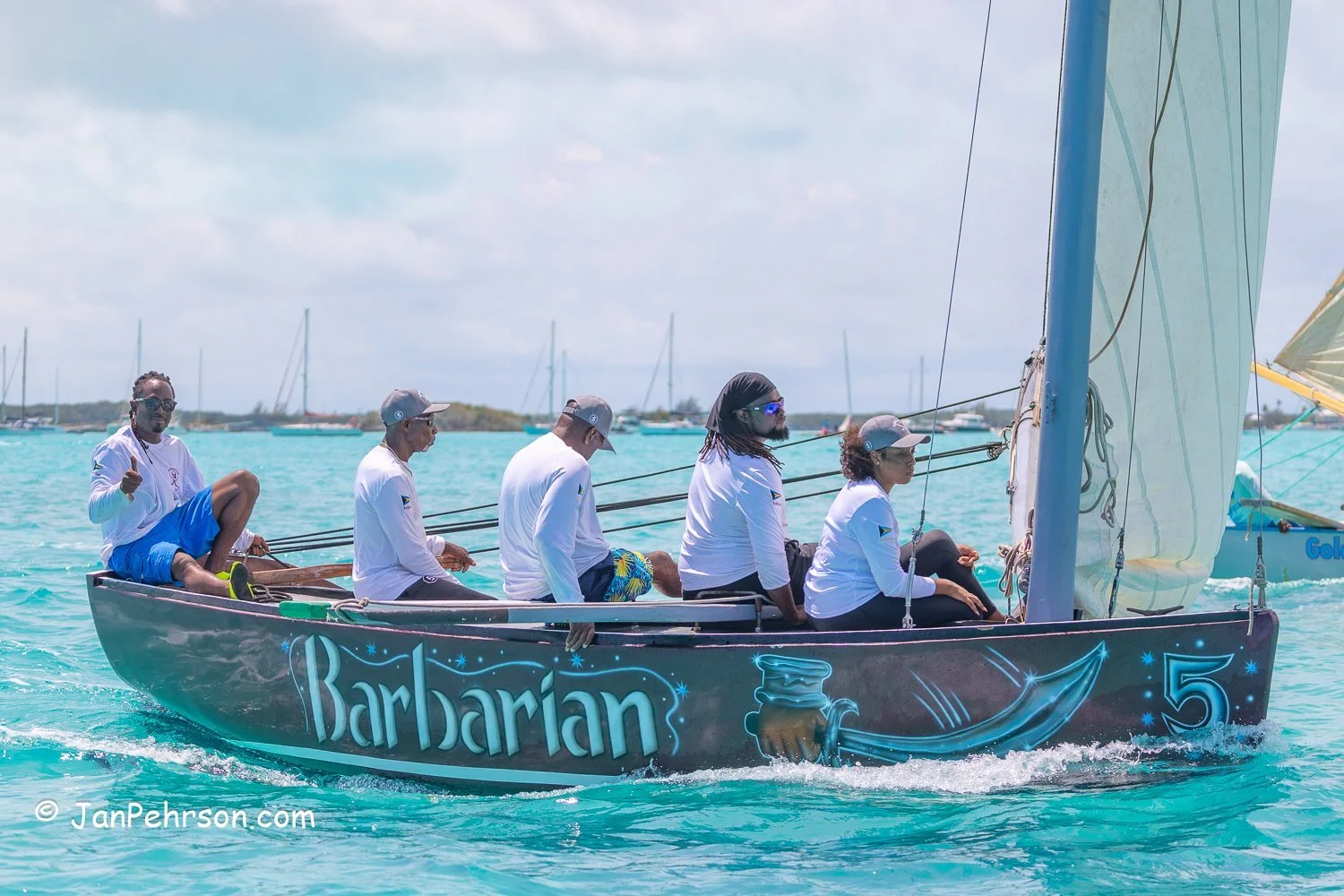April 2023, George Town, Bahamas, National Family Island Regatta, C-Class, Barbarian, from Masons Bay, Acklins