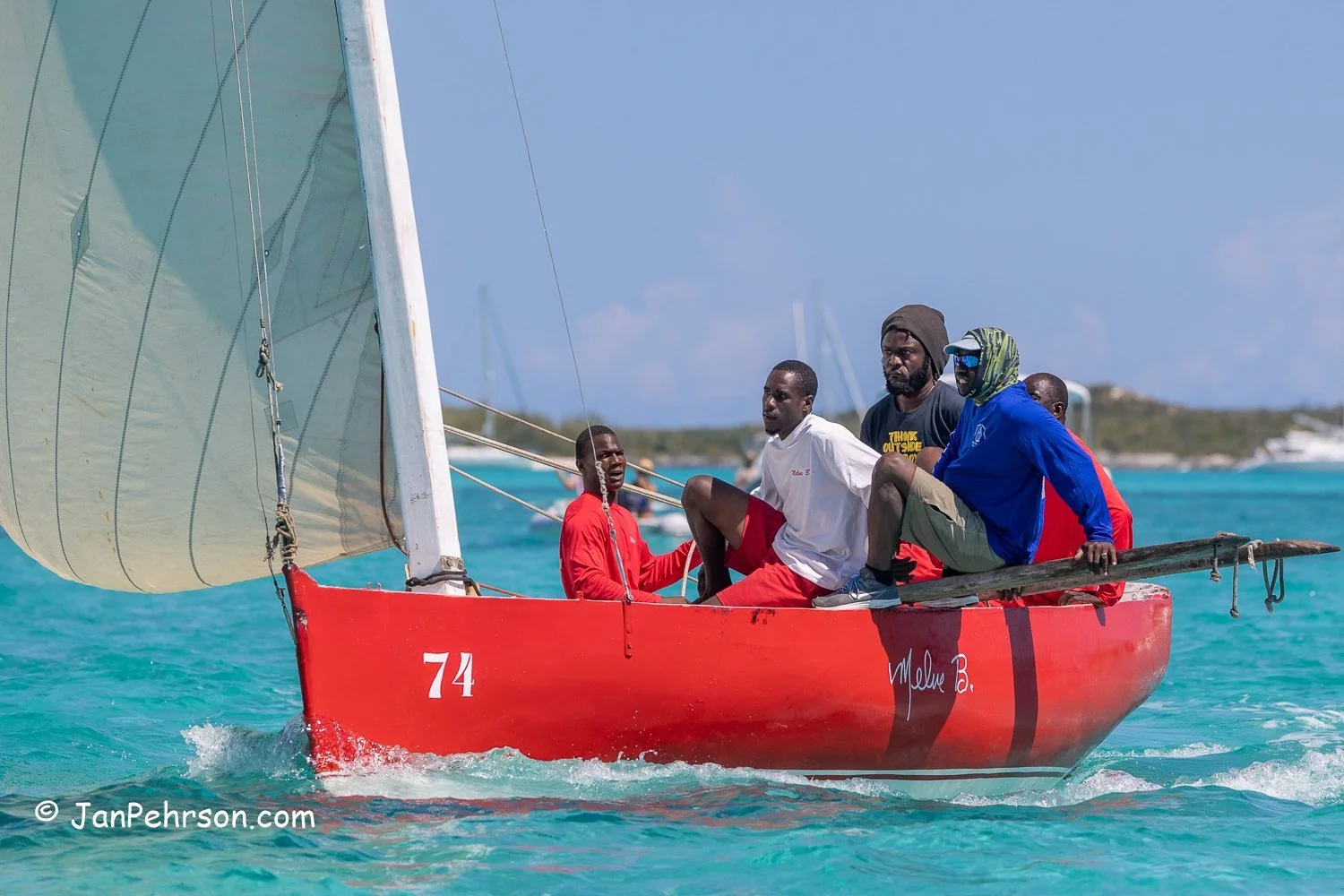 April 2023, George Town, Bahamas, National Family Island Regatta, C-Class, Melba B, from Mangrove Cay, Andros