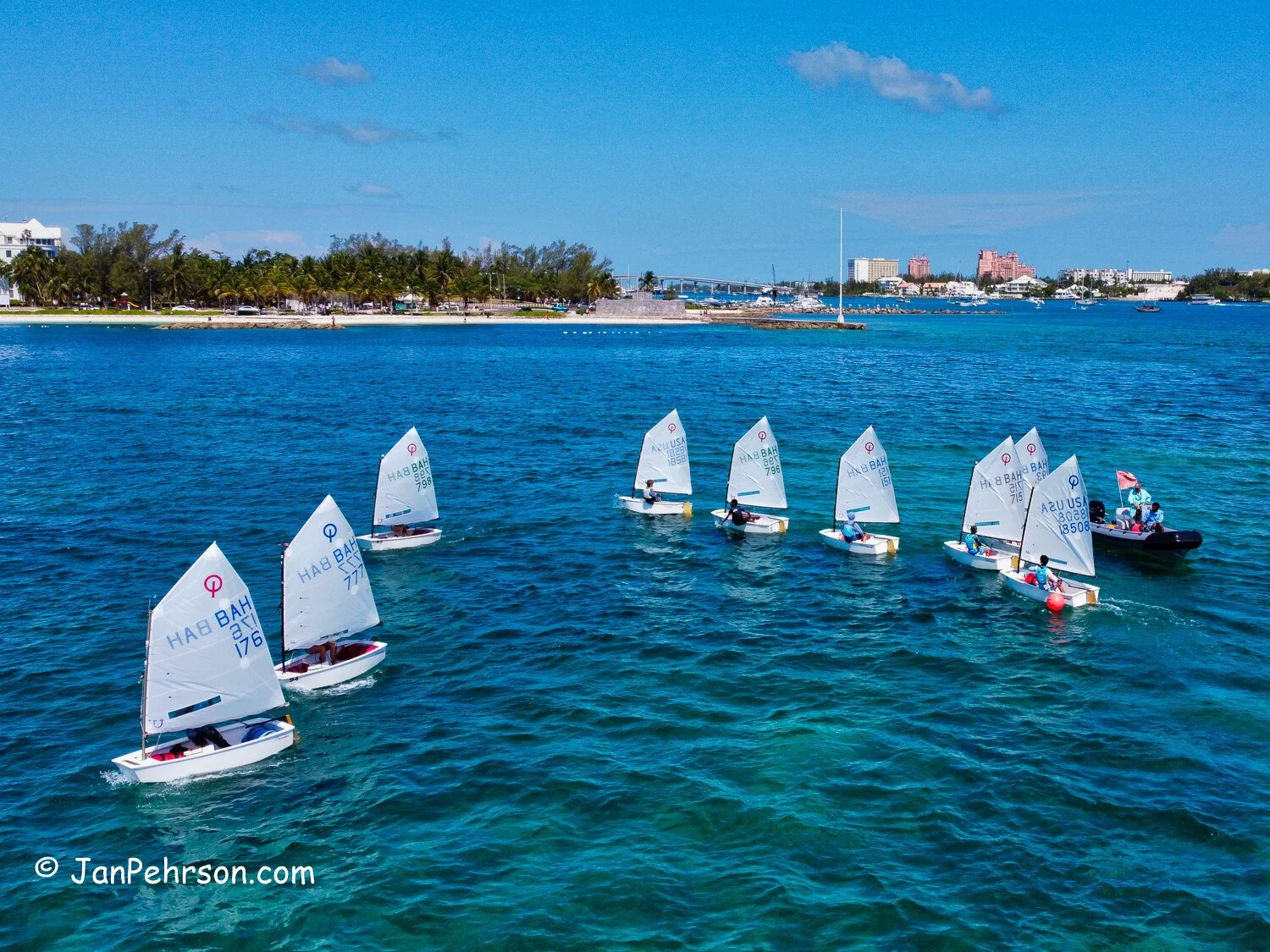 Drone photo: Coach Robert Dunkley and students -- Optimist Dinghy practice at the Nassau Yacht Club