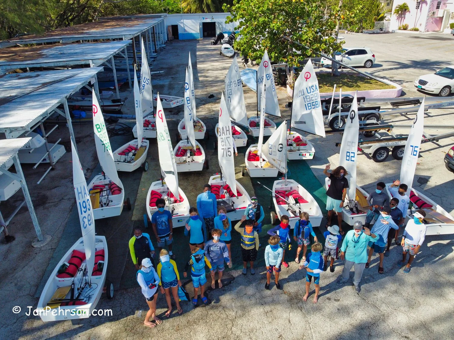 Drone photo: Coach Robert Dunkley and students -- Optimist Dinghy practice at the Nassau Yacht Club