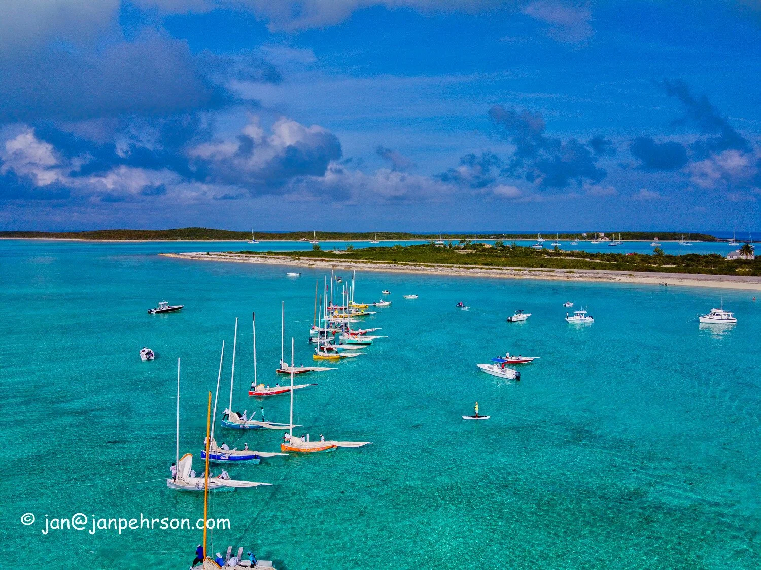 Feb 2020, Farmers Cay, Bahamas, Farmers Cay Regatta, Day 2, C-Class Sloops - Starting Line, Drone Photo