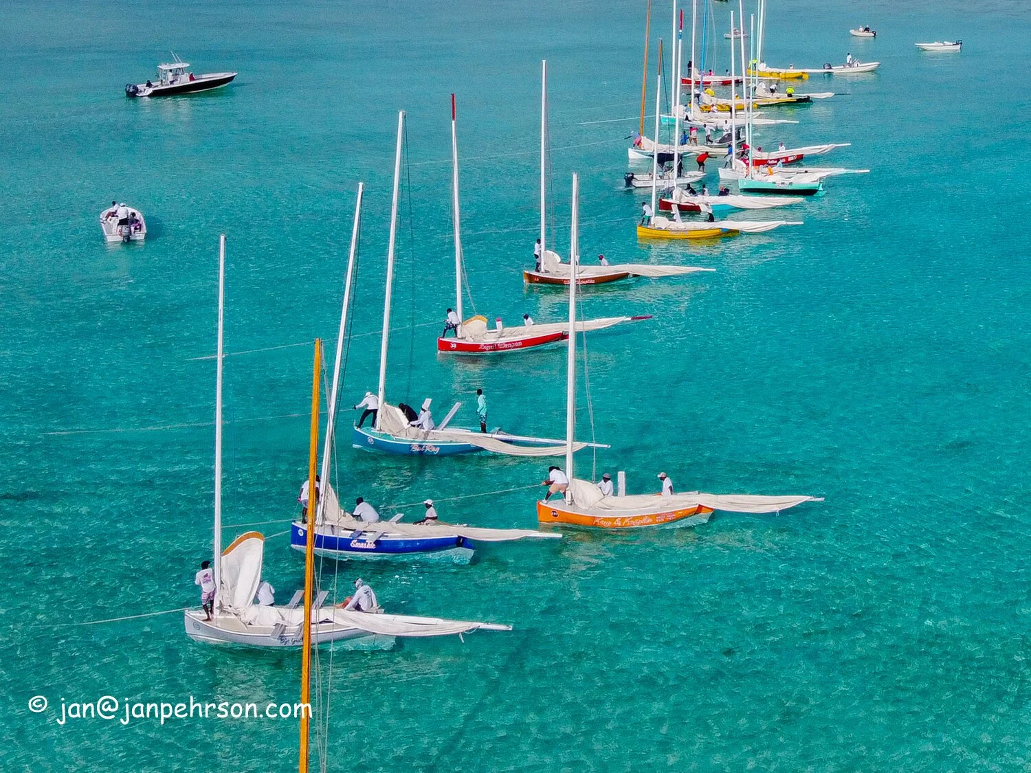 Feb 2020, Farmers Cay, Bahamas, Farmers Cay Regatta, Day 2, C-Class Sloops - Starting Line, Drone Photo
