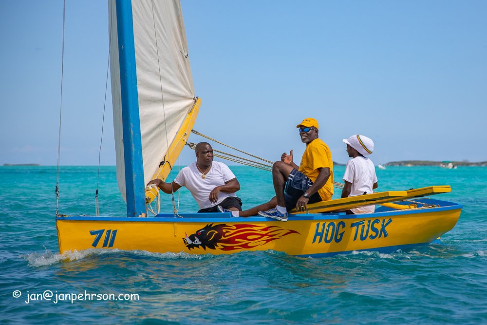 April 2019, George Town, Exuma, Bahamas, Family Island Regatta Day 1 Cup Race, C Class, Hog Tusk (0172)