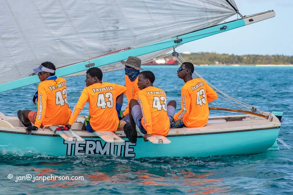 April 2019, George Town, Exuma, Bahamas, Family Island Regatta Day 1 Cup Race, C Class, Termite (0189)