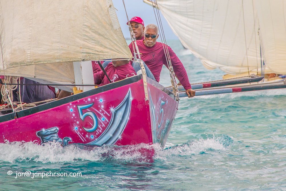 April 2019, George Town, Exuma, Bahamas, Family Island Regatta Day 1 of Championship, B Class, Barbarian (0462)