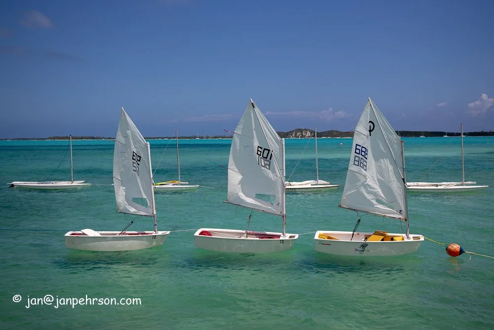 April 2019, George Town, Exuma, Bahamas, Exuma Sailing Club Regatta, Optis and Sunfish between races