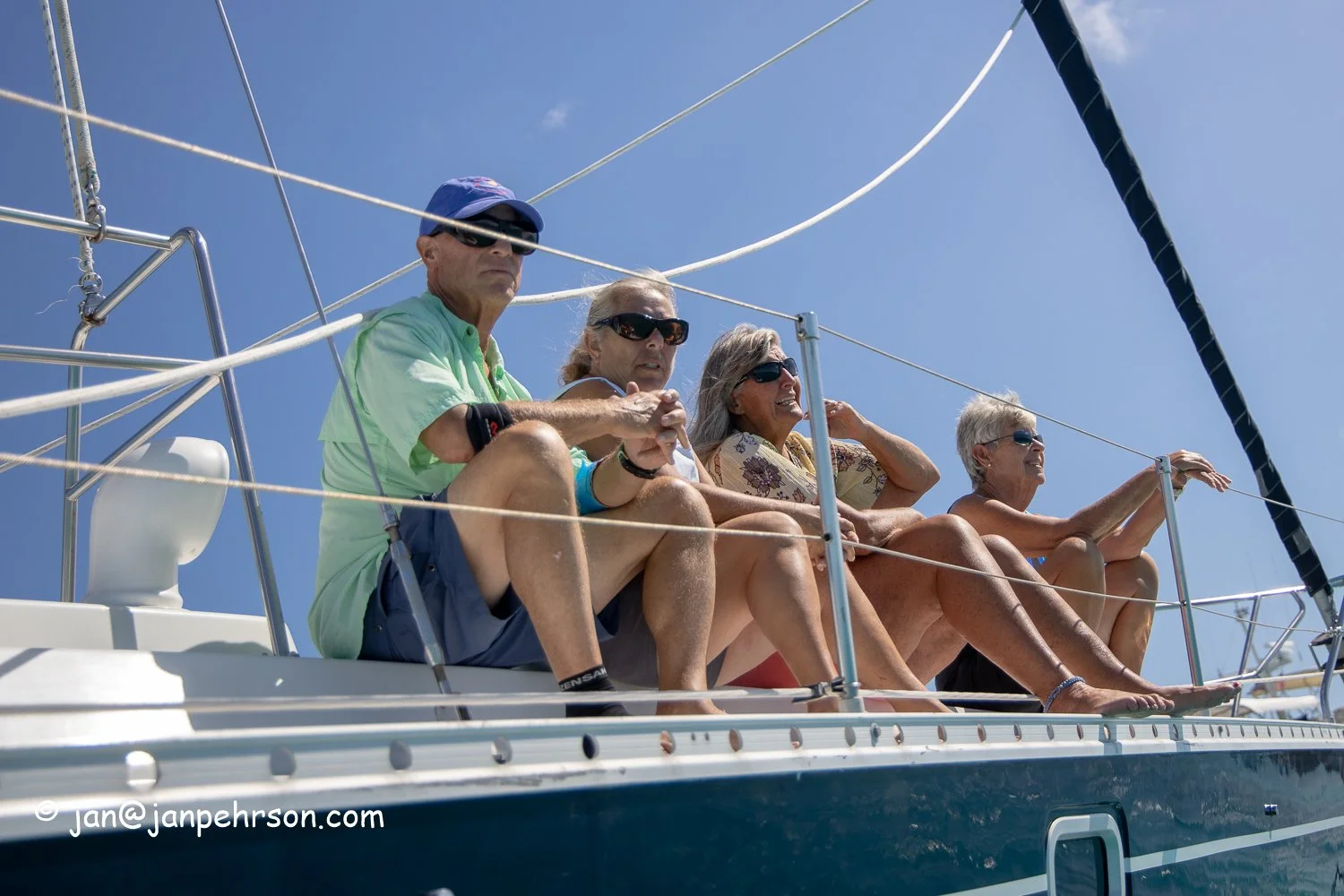 Feb 2019, Stocking Island, George Town, Exuma, Bahamas, Cruisers Regatta, In-Harbor Race, Spectators on s/v Corsair