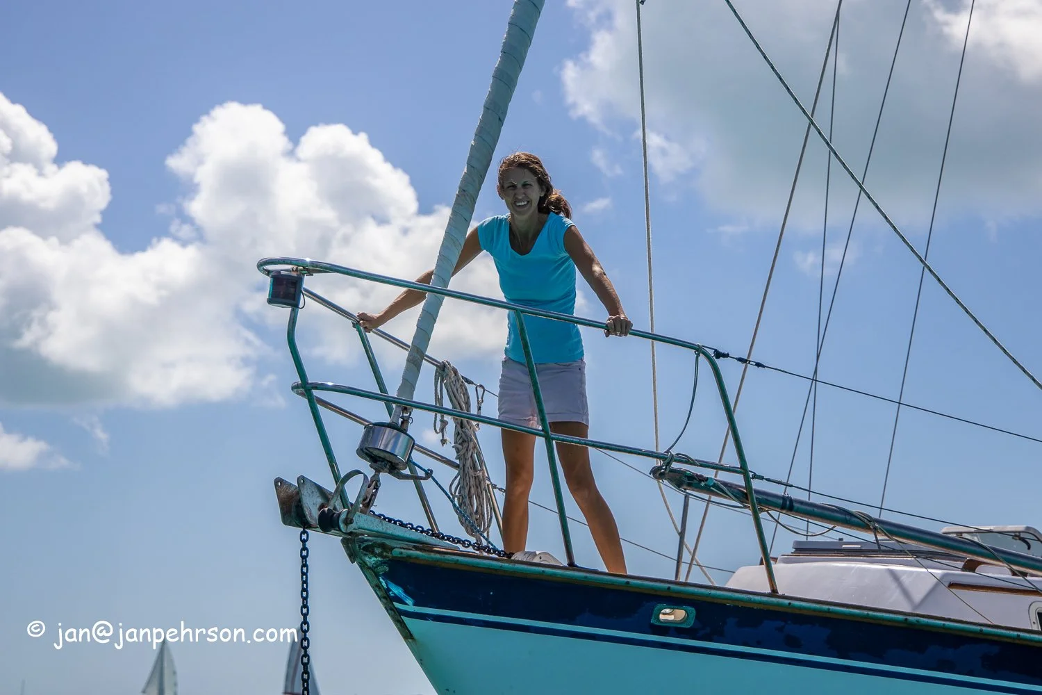 Feb 2019, Stocking Island, George Town, Exuma, Bahamas, Cruisers Regatta, In-Harbor Race, Boats in Race sail through the Stocking Island Anchorage
