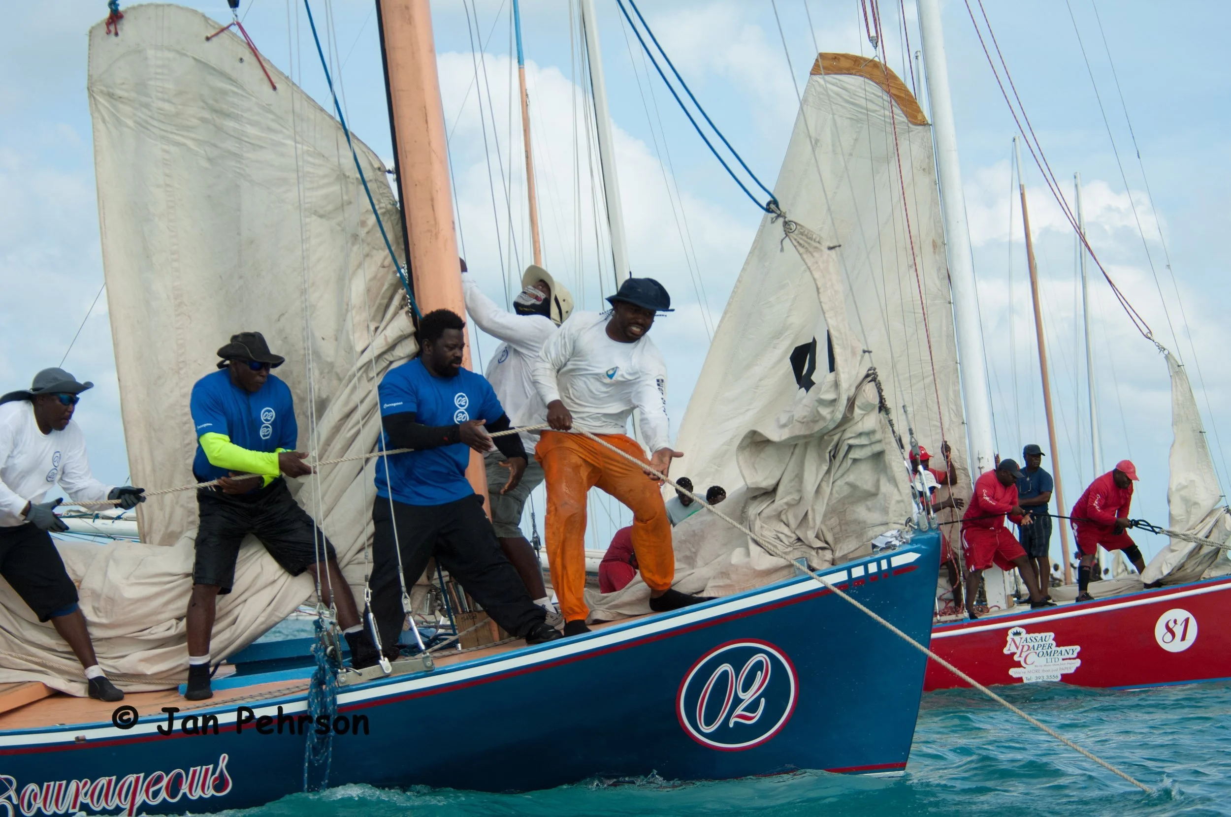 April 2018, Georgetown, Exuma, Bahamas, National Family Island Regatta, Day 3, Class A, New Courageous and Red Stripe at Start (0047)