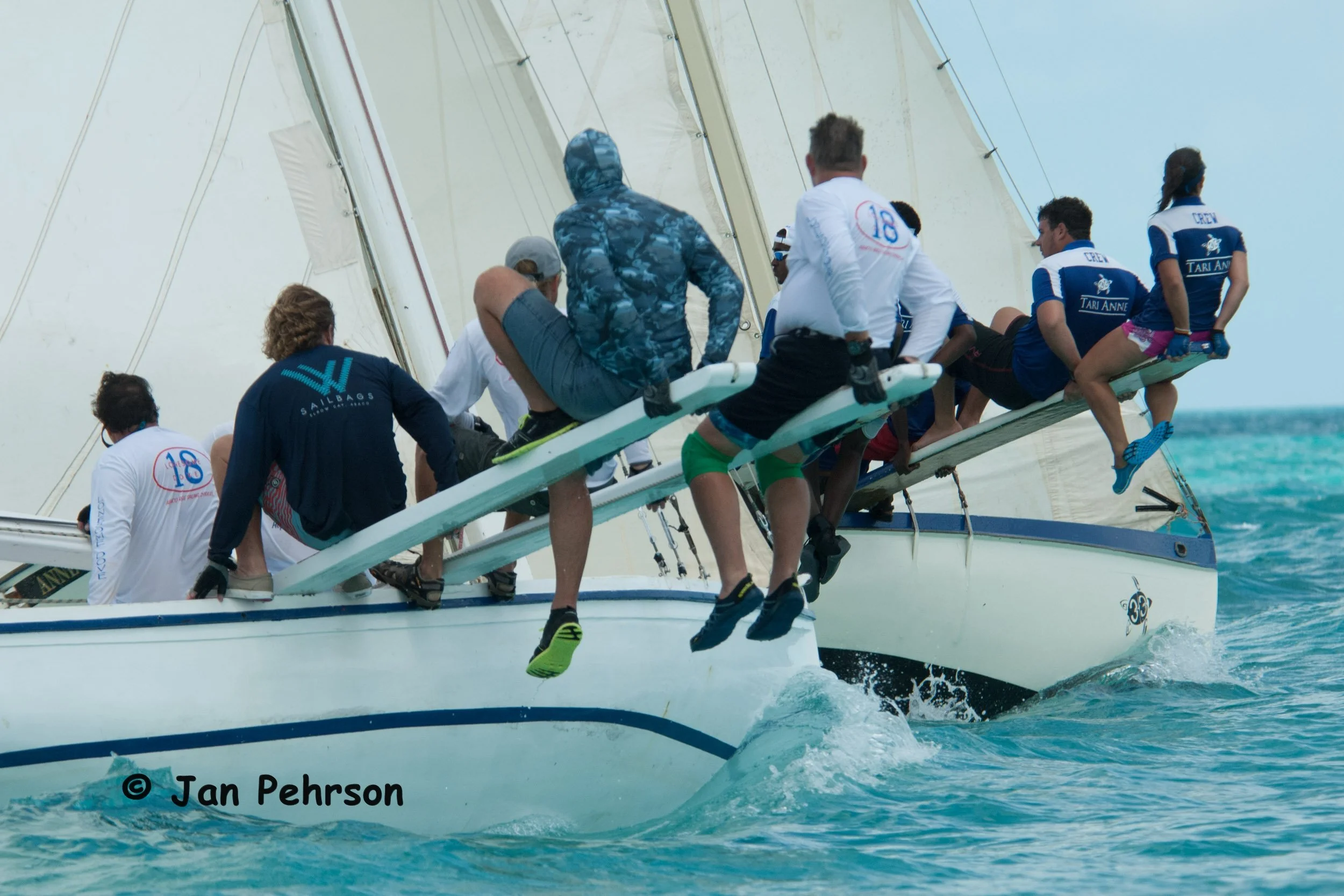 April 2018, Georgetown, Exuma, Bahamas, National Family Island Regatta, Day 3, Class B, Lonesome Dove (1st in Class, Hope Town), Tari Anne (4th in Class, Exuma) (0343)