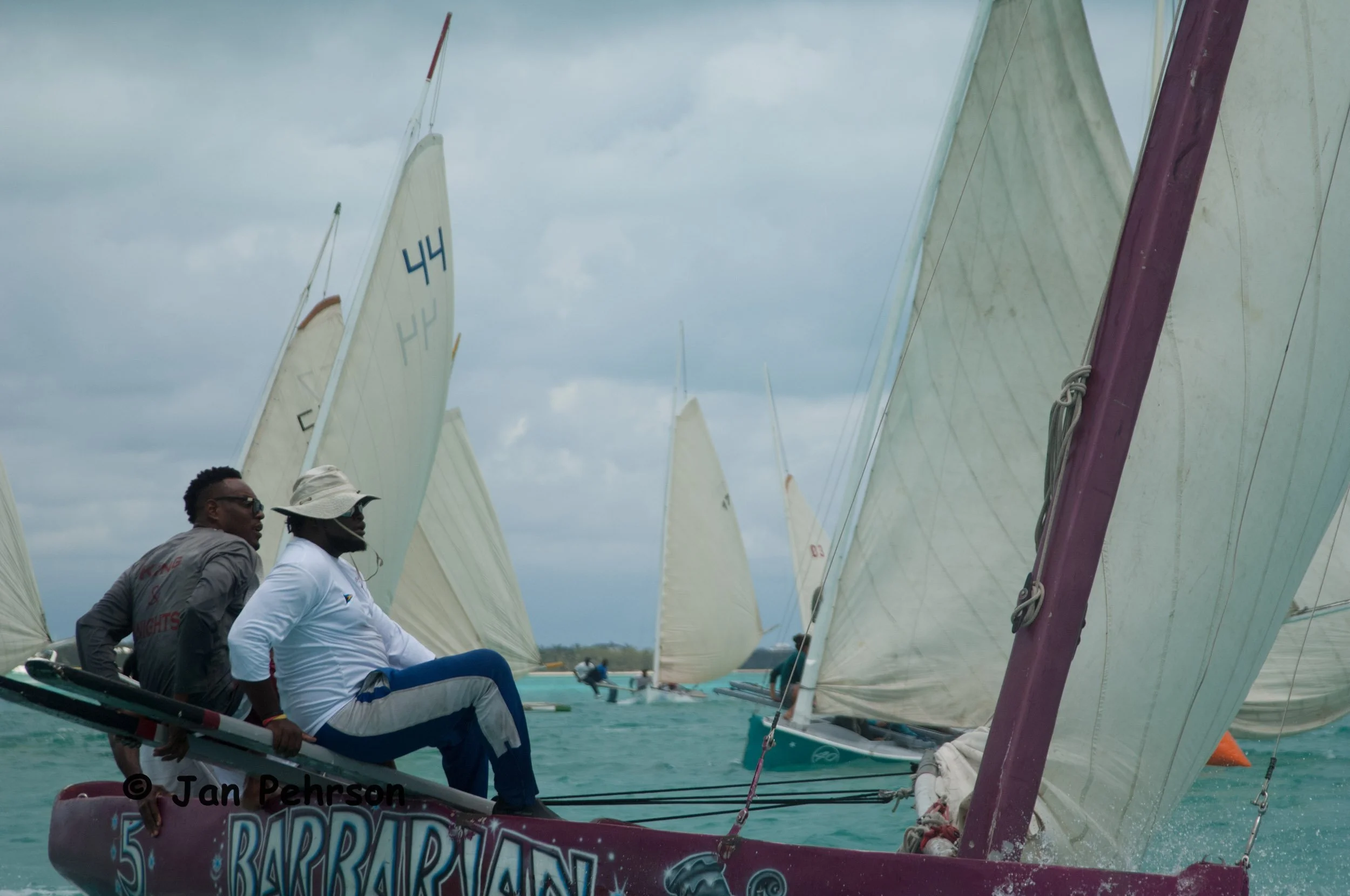 April 2018, Georgetown, Exuma, Bahamas, National Family Island Regatta, Day 3, Class C, Barbarian, Del Gibson, Mason's Bay Acklins, rounds the mark (0153)