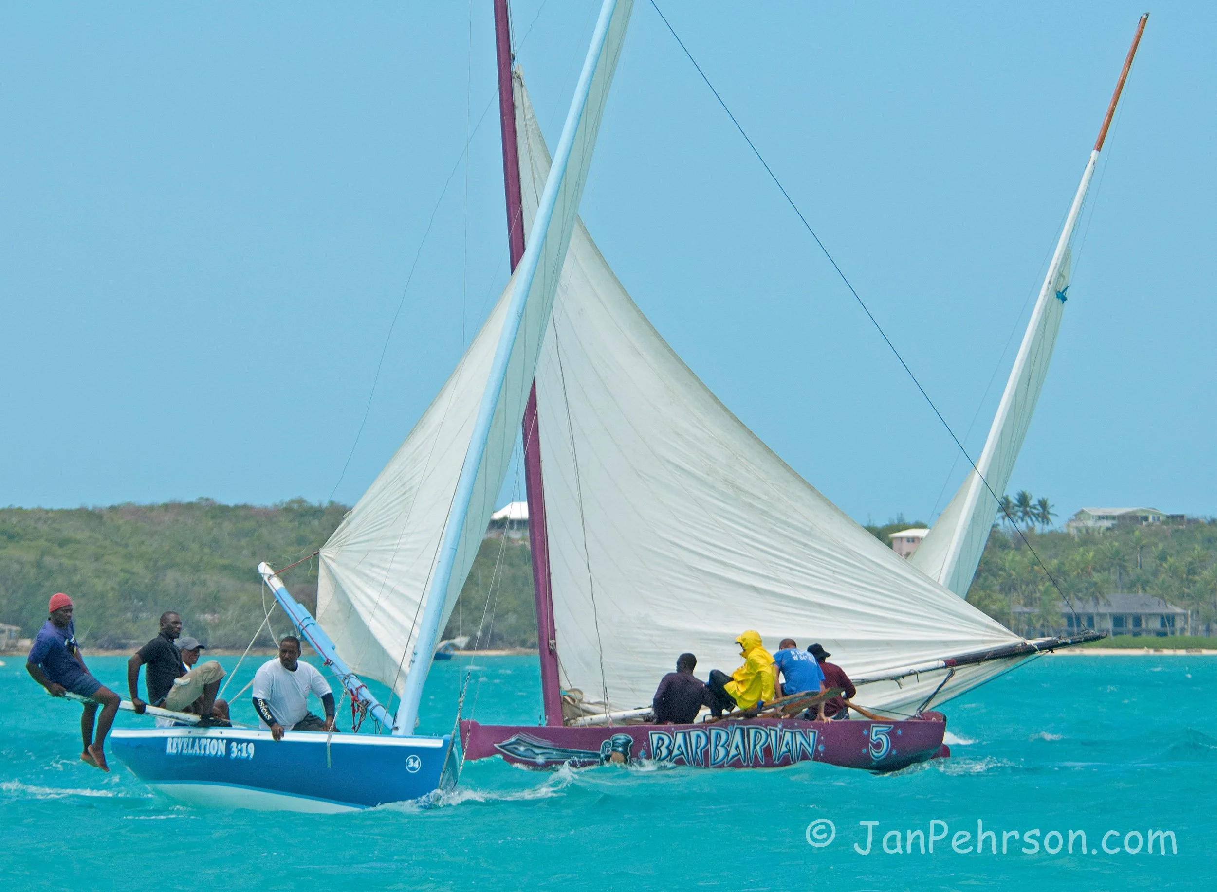 April 2017, Georgetown, Exuma, Bahamas, National Family Island Regatta, Day 2, Class C, Revelation 3:19, Kevin Moxey, Nassau crossing Barbarian II, Del Gibson, Acklins (0297)