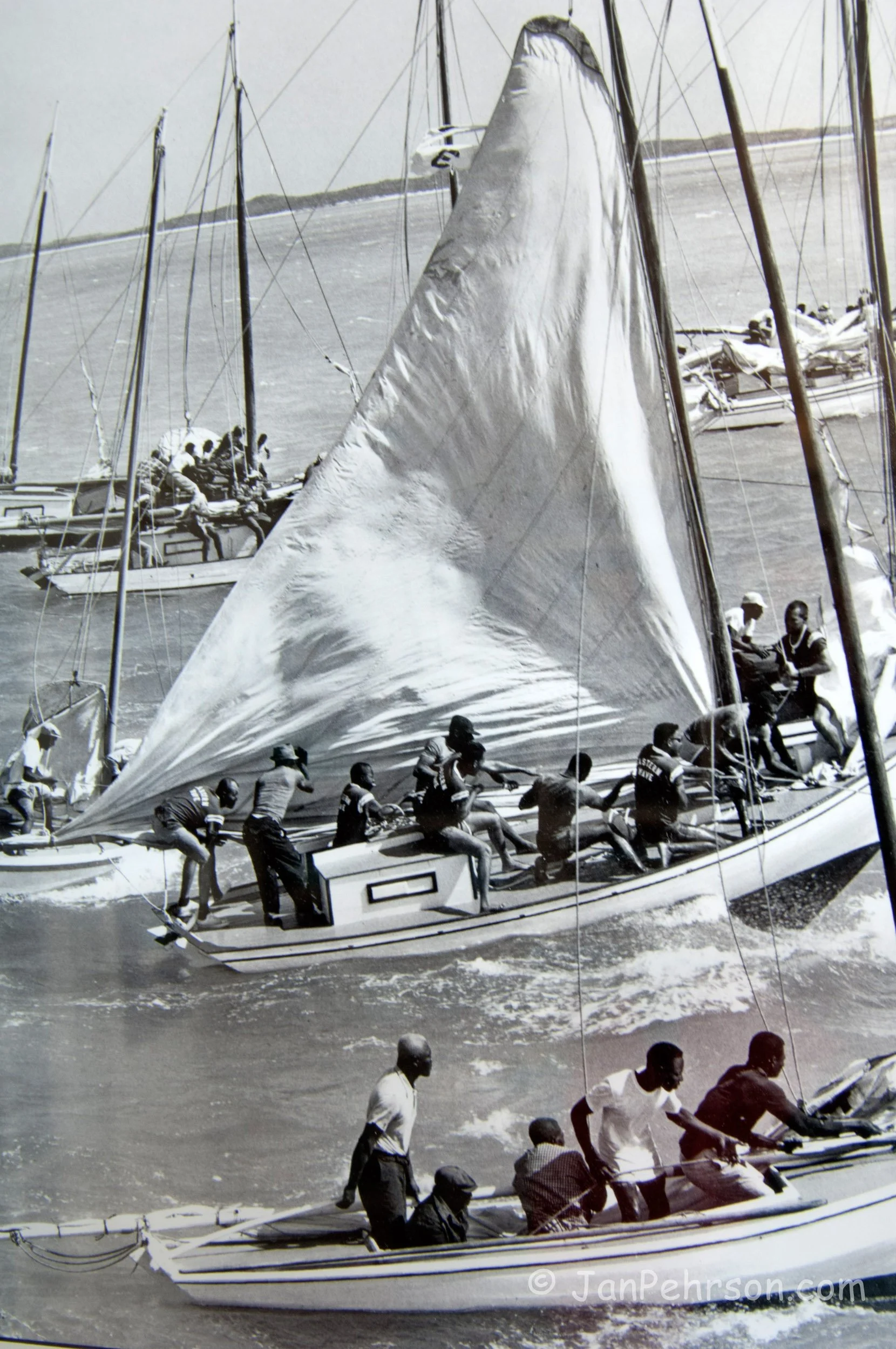 National Family Island Regatta of the Bahamas 2014 - Racing in the old days, black and white photo by Basil Minns (0045)