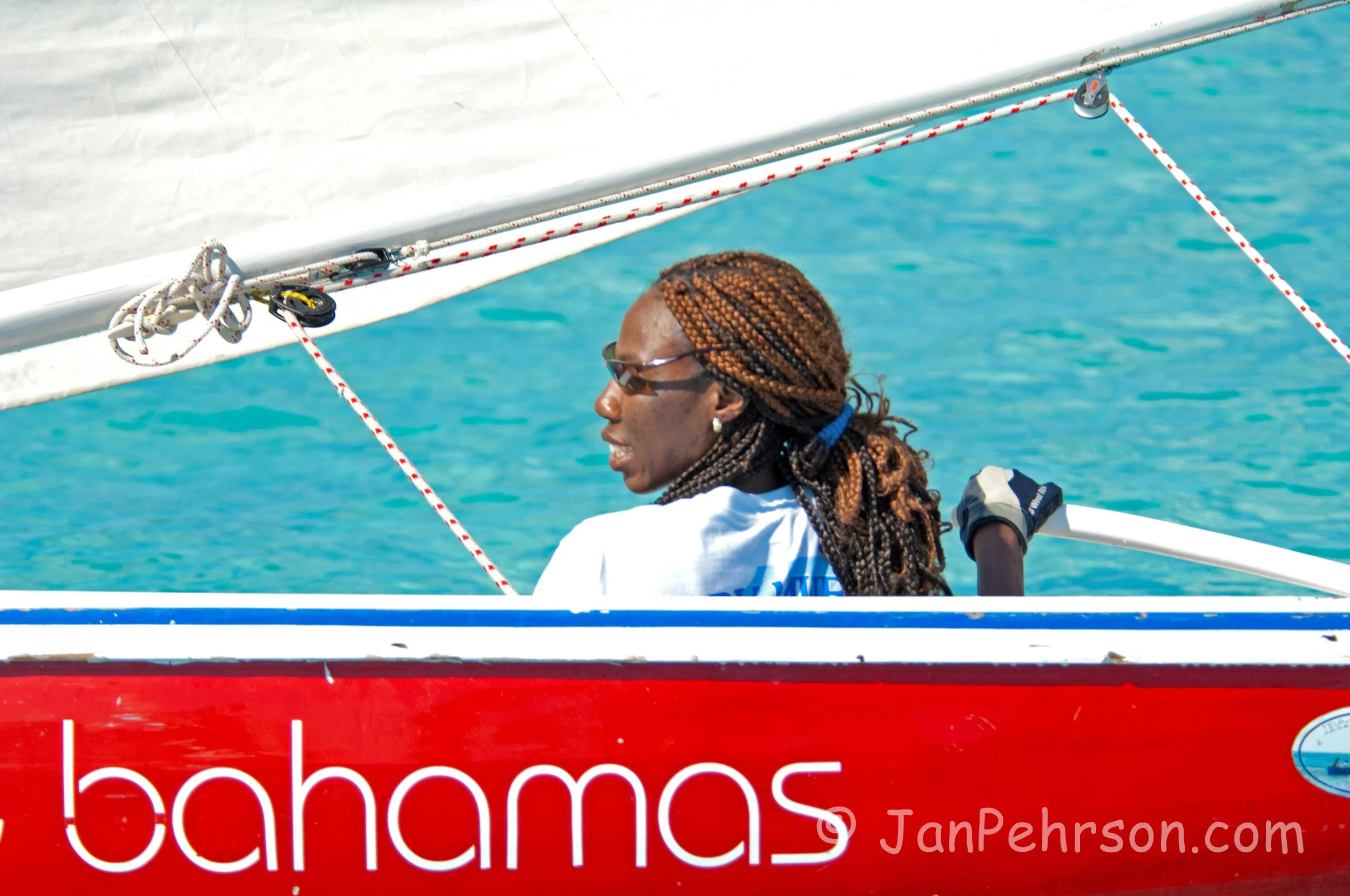 National Family Island Regatta of the Bahamas 2014 - Nioshi Rolle of Staniel Cay, Exuma, skippers Class E Bahamian Racing Dinghy One Bahamas (0068)