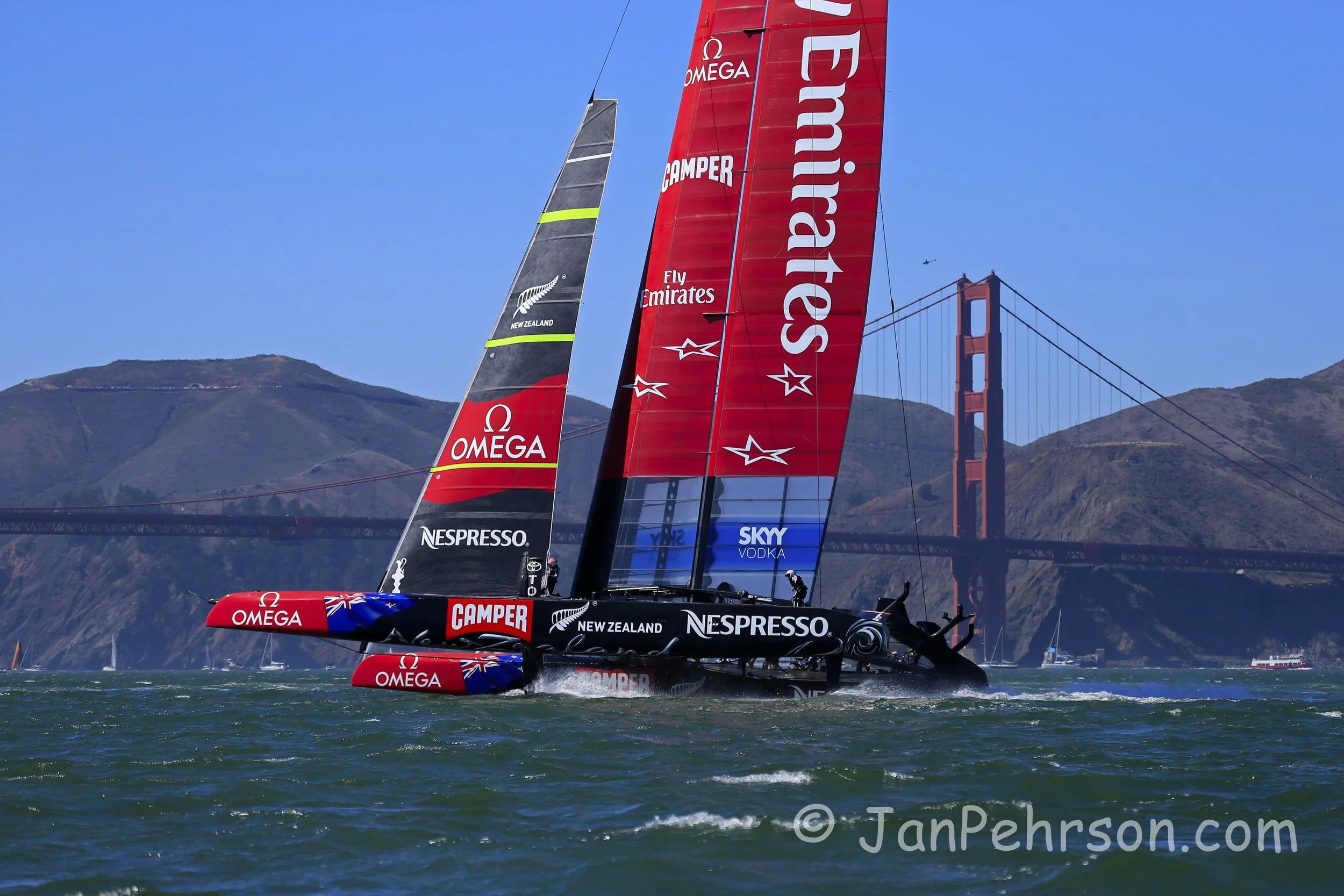 America's Cup Sept 7, 2013 San Francisco  Team New Zealand foils in front of the Golden Gate Bridge (0629)