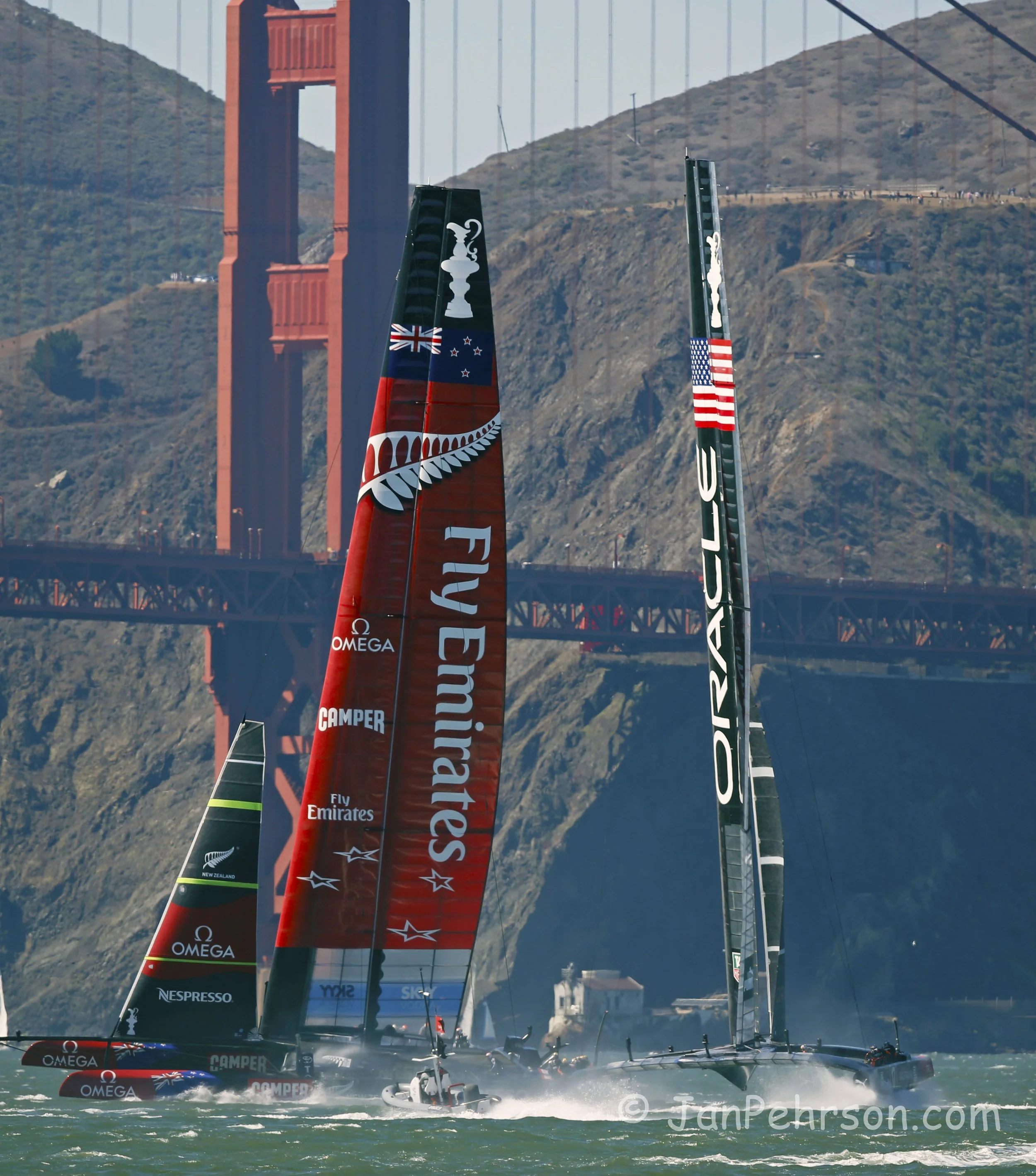 America's Cup Sept 15, 2013 San Francisco  Race 10. Team USA (Oracle) and Team New Zealand race in front of the Golden Gate Bridge (0646)